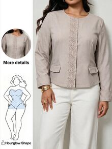 Hourglow Plus Size Women's Embroidered Blazer Jacket Collarless Long Sleeve Cropped Elegant Outerwear Flattering For Hourglass Shape - Khaki - View 5