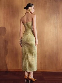 MOTF PREMIUM WOMEN'S AUTUMN/WINTER PLAID FABRIC STRUCTURAL DESIGN STRAPLESS ELEGANT LONG DRESS - Mustard Yellow - View 3
