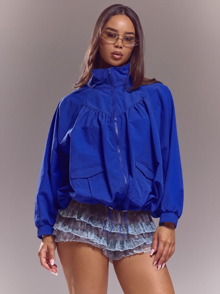 MUSERA Funnel Neck Batwing Sleeve Ruched Jacket Spring Summer Cute Sexy Streetwear Night Out Ballet Sleeze - Blue - View 1