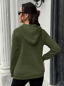 SHEIN 孕婦純色長袖休閒抽繩連帽哺乳衛衣 冬季 - 軍綠色 - 查看 2