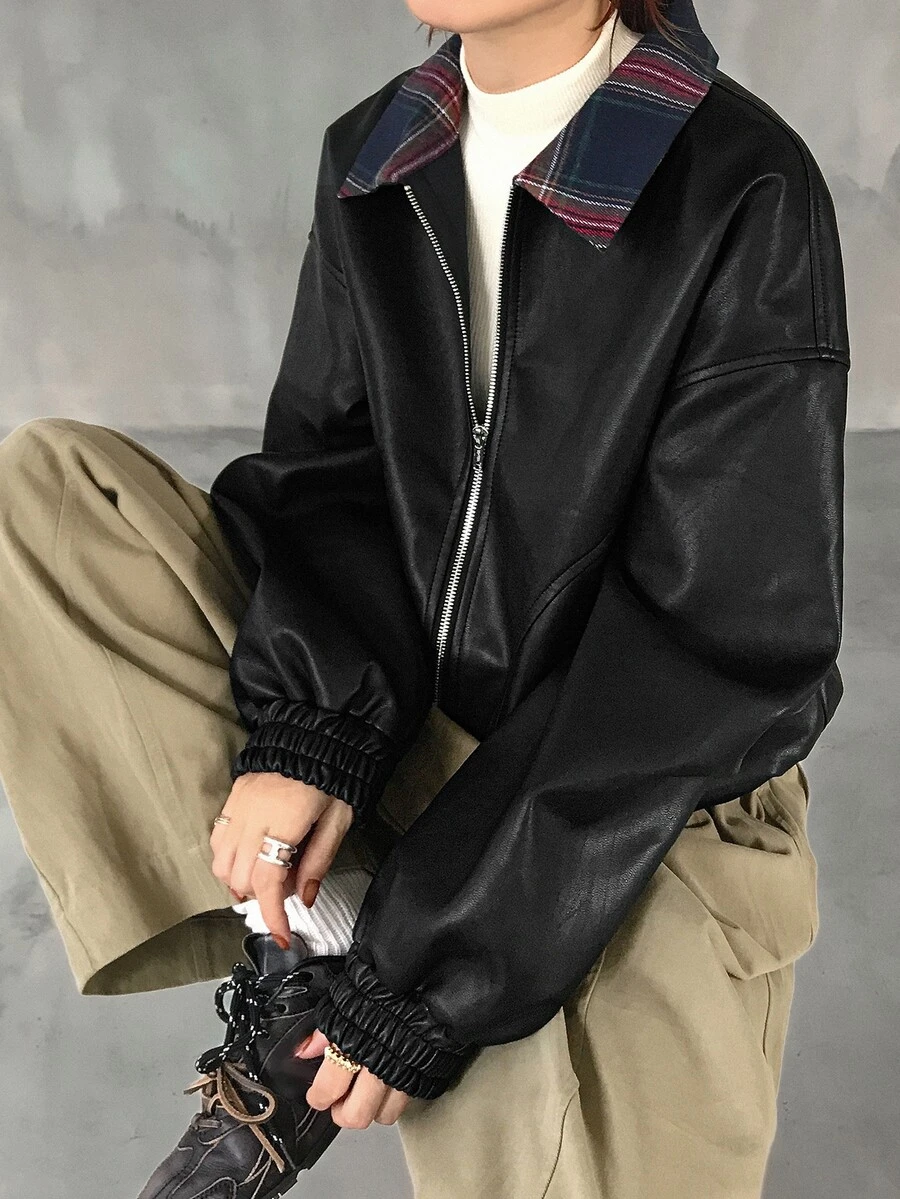 FRIFUL Women's Elegant PU Material Long Sleeve Jacket With Pockets And Zipper - Black - View 1