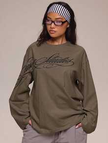 MUSERA 白色圖案Logo細節長袖上衣 冬季休閒日常舒適穿搭酷感女款上衣 - 棕色 - 查看 5