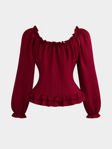 Sweetra Plus Size Women's Burgundy Textured Collar Cinched Waist Ruffle Tie Cuff Long Sleeve Blouse - Burgundy - View 2