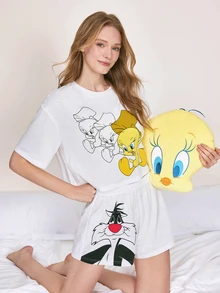 LOONEY TUNES X SHEIN Women's Round Neck Short Sleeve Top And Shorts Pajama Set LOONEY TUNES - White - View 6