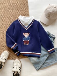PrepCrw Sweater Kasual Lengan Panjang Berkerah V Bergaris Motif Beruang Kartun untuk Anak Laki-Laki - Royal Blue - View 7
