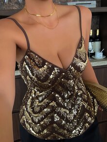 Dazy Plus Banquet V-Neck Spaghetti Strap Sequin Decor Slim Fit Black & Gold Party Style Tank Top - Gold - View 5