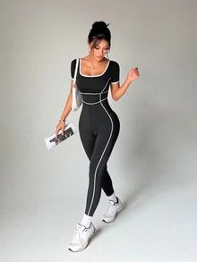 SHEIN Dewbera Women's Square Neck Short Sleeve Piped Trim Daily Fitness Sports Jumpsuit - Black and White - View 5