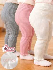SHEIN Vintaside Kids 3件組女嬰緊身褲 粉色與白色條紋 秋季休閒度假 夏季純色褲子 極簡甜美風 直筒寬鬆慢跑褲 - 灰色 - 查看 3