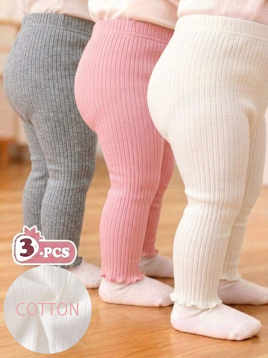 SHEIN Vintaside Kids 3件組女嬰幼童羅紋緊身褲襪 可愛甜美 粉色灰色白色 羅紋針織荷葉邊下擺 常規款 生日派對 秋季保暖 芭蕾風彈性 - 灰色 - 查看 1