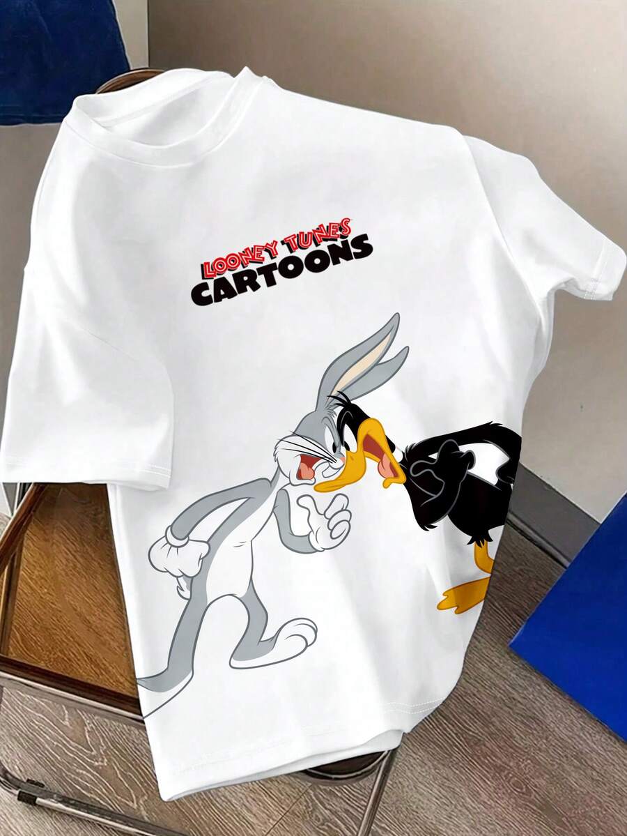 LOONEY TUNES X SHEIN Daypath 可愛卡通角色時尚休閒印花男士白色標準版型短袖T恤 - 白色 - 查看 1