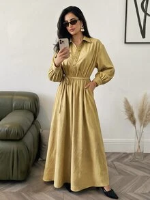 Solavon Women's Spring/Autumn Casual Contrast Lace Trim Tie Waist Shirt Dress - Light Yellow - View 5