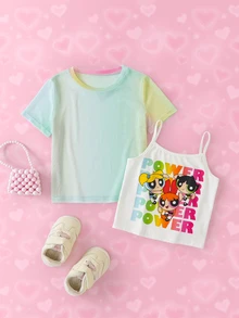 THE POWERPUFF GIRLS X SHEIN Young Girl Gradient Color Sheer Short Sleeve Crew Neck T-Shirt - Multicolor - View 2