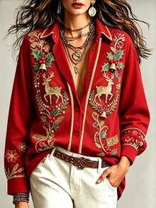 NostaNoir Women's Christmas Floral Print Button-Down Casual Daily Blouse - Multicolor - View 1