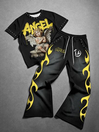 Manfinity EMRG Men's Black 2 Pieces Set, Vintage Cupid Graffiti Print Short Sleeve T-Shirt Paired With Yellow Flame Print Flared Pants, Y2K Streetwear Outfit, Suitable For Coachella Music Festival Concert Casual Wear
