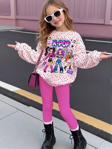 兒童小女孩可愛卡通女孩印花，彩色波點圓領長袖運動衫與內搭褲套裝 - 彩色 - 查看 2