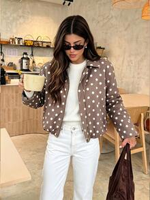 Serisse Women's Polka Dot Casual Versatile Daily Wear Long Sleeve Jacket - Brown - View 3