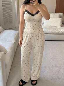Dazy Plus 3-Piece Bow Print Fitted Camisole Cardigan & Pants Loungewear Pajama Set - Apricot - View 4