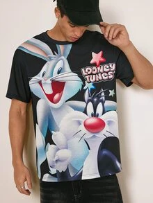 LOONEY TUNES X SHEIN Men's Letter Cartoon Pattern Casual Everyday Short Sleeve T-Shirt - Black - View 5