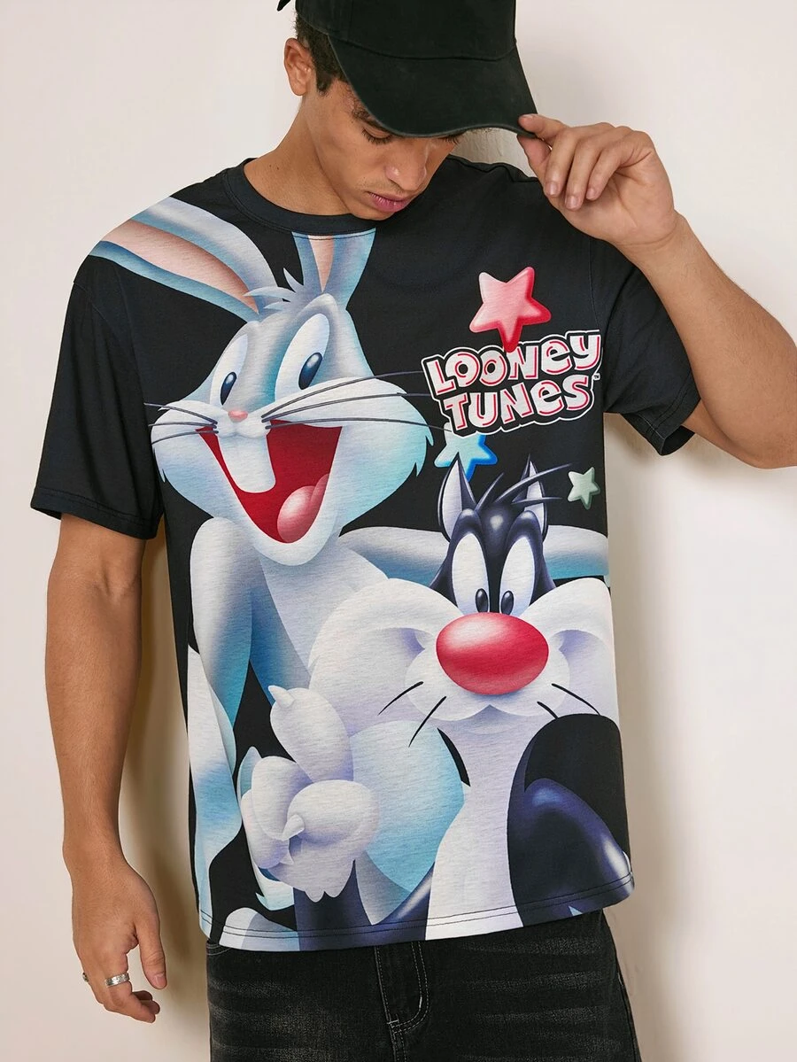 LOONEY TUNES X SHEIN 男士字母卡通圖案休閒日常短袖T恤 - 黑色 - 查看 1