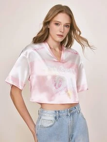 LOONEY TUNES X SHEIN Women's Cartoon Print Casual Daily Short Sleeve T-Shirt - Dusty Pink - View 1