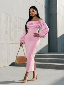 Eryvara Women's Solid Color Ruched Cold Shoulder Lantern Sleeve Fitted Dress, Pink, Elegant Autumn Evening Wear - Pink - View 1