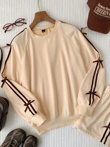 Comfortcana Women's Bowknot Decor Raglan Long Sleeve Sweatshirt And Shorts Casual 2 Pieces Set - Apricot - View 4