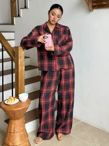 Dazy Plus Plaid Loose Red Christmas New Year Home Wear Long Pants 2-Piece Pajama Set - Red - View 5