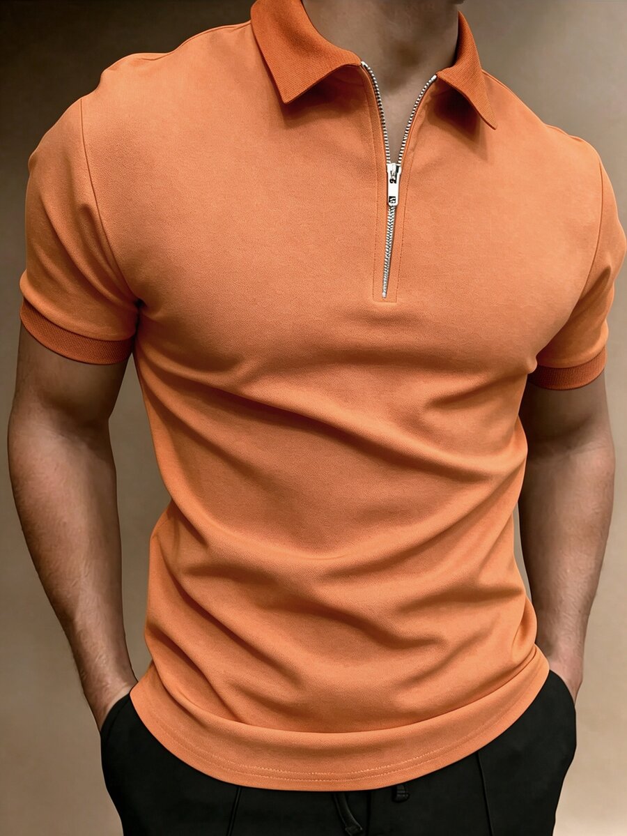 Manfinity Homme 男士純色短袖拉鍊設計休閒 Polo 衫 - 珊瑚橙 - 查看 1
