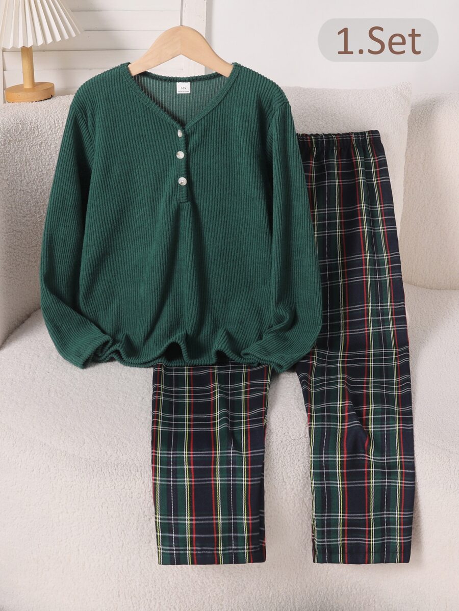 女童居家服 大童女孩羅紋半開胸長袖格紋褲休閒舒適居家服 2件套 - 綠色 - 查看 1
