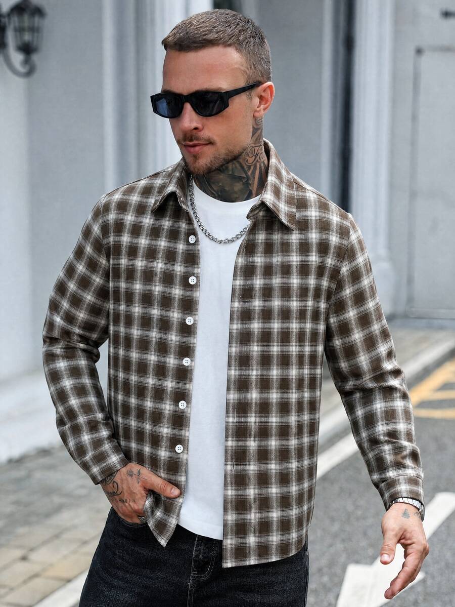 EGENSIO Plus Size Men's Casual Plaid Button-Down Long Sleeve Shirt For Daily Wear - Navy Blue - View 1