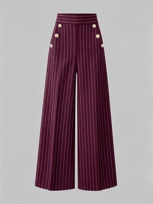SHEIN LUNE CURVE Plus Striped Print Button Decor Wide Leg Pants Fall - Burgundy - View 5