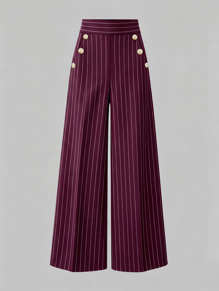 SHEIN LUNE CURVE 大尺碼條紋印花鈕扣裝飾寬腿長褲 秋季 - 酒紅色 - 查看 5
