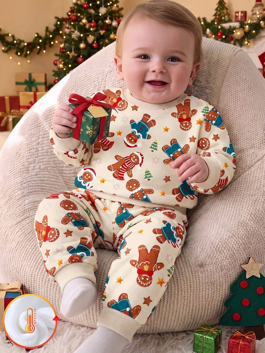 Infant Hooded Casual Comfortable Set, Classic Handsome Vintage Christmas Pattern Print, Classic Santa Claus Pattern Print, Classic Christmas Snowflake Pattern Print, Suitable For Autumn/Winter, Suitable For Christmas - Multicolor - View 1