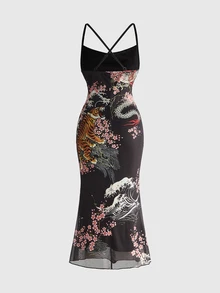ROMWE Fairycore Women's Floral Tiger Print Casual Daily Summer Spaghetti Strap Dress - Multicolor - View 2