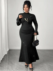 Elenzga Plus Size Knit Fabric Semi-High Neck Metal Decor Ruched Flare Long Sleeve Fitted Mermaid Midi Dress, Autumn/Winter Fashion Vintage Elegant Date Party - Black - View 4