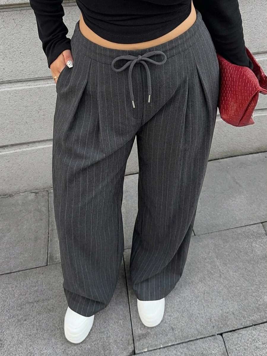Dazy Plus Striped Loose Straight Leg Drawstring Decor Long Casual Business Plus Size Women's Suit Pants - Grey - View 1