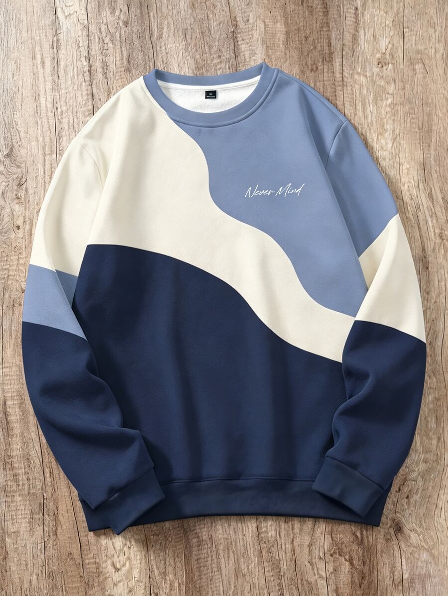 OldRiff Men's Standard Fit Regular Shoulder Crew Neck Pullover Sweatshirt With Thermal Lined, Color Block Print Pattern, Suitable For Autumn/Winter - Blue - View 1