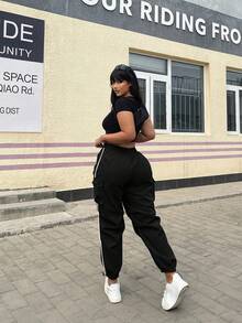 POPSWAY Plus Size Casual Solid Color Multi-Pocket Drawstring Cargo Pants Fall Cloth For Women - Black - View 7