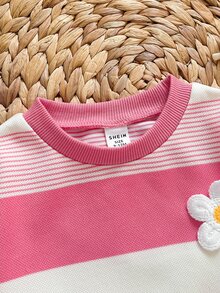 SHEIN 女嬰可愛花卉圖案條紋長袖圓領套頭運動衫與長褲2件套，適合秋冬、室內/戶外、度假風，3D花卉 - 彩色 - 查看 4
