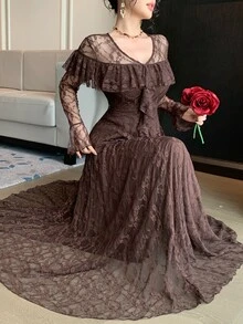 DAZY Women's V-Neck Bell Sleeve Patchwork Ruffle Elegant Lace Dress - Coffee Brown - View 4