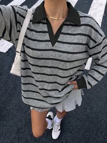 Muchica 女款 Polo 領長袖寬鬆厚款運動衫，適合秋冬，深灰色與黑色雙色條紋圖案，經典休閒百搭，學院風返校校園穿搭，社團服飾，青春休閒風格，低調耐穿百搭單品，街頭時尚穿搭，咖啡廳慵懶氛圍 - 彩色 - 查看 3