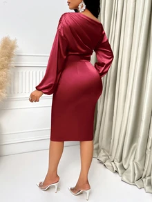 SOLERSUN Asymmetric Neckline Ruched Side Satin Burgundy Bodycon Maxi Dress Women Outfit Fall Party Elegant, Christmas Women's Clothing - Burgundy - View 3