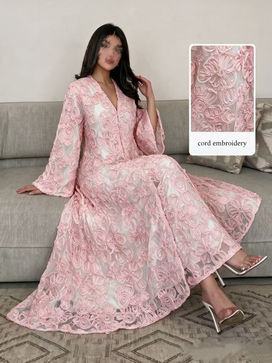 Yasmyna Women's Floral Embroidered Fabric Loose Casual Elegant Fashion Long Robe - Baby Pink - View 1