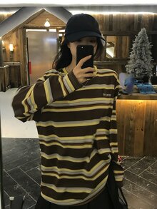 DAZY Women's Round Neck Striped Long Sleeve Spring/Autumn T-Shirt - Grey - View 1