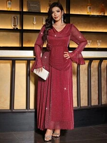 SHEIN Clasi 大尺碼女款垂領亮面喇叭袖優雅派對洋裝聖誕節 - 紅色 - 查看 5