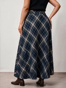 Enliva Plus Size Fall Plaid A Line Maxi Skirt With Elastic Waist For Pear Body - Navy Blue - View 2
