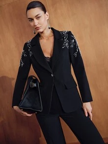 MOTF PREMIUM WOMEN'S AUTUMN/WINTER ELEGANT BEADED & EMBROIDERED BLAZER - Black - View 5