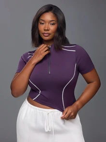 Voyena Women's Plus Size Colorblock Casual Daily Wear Sports T-Shirt - Bold Plum - View 5