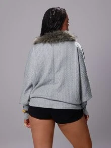 Rustia Casual Faux Cable Knit Batwing Sleeve Asymmetrical Shoulder V-Neck Sweatshirt Top - Grey - View 2