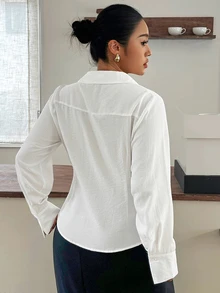 Dazy Plus Floral Embroidered Fitted Waist Long Sleeve Collared Elegant Vacation Spring Autumn Blouse Shirt - White - View 7